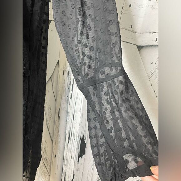 Bebe Black Dotted Swiss Dress Neck Tie Ruffles Large - Picture 8 of 10